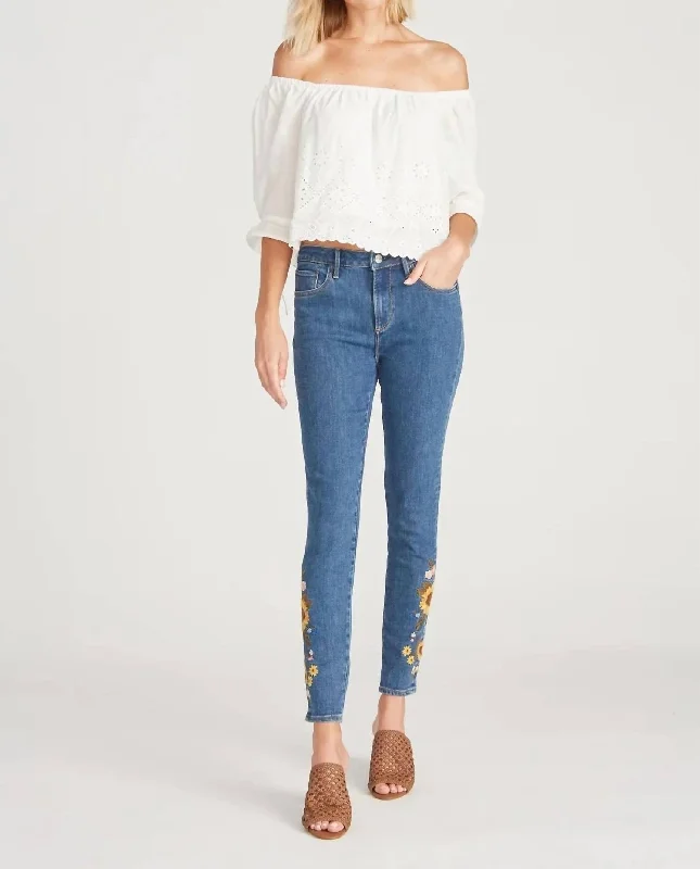 Jackie High Rise Skinny Jean Falling Sunflowers In Medium Wash Denim Trendy Classic Fit Jeans Jackie High Rise Skinny Jean Falling Sunflowers In Medium Wash Denim Trendy Classic Fit Jeans