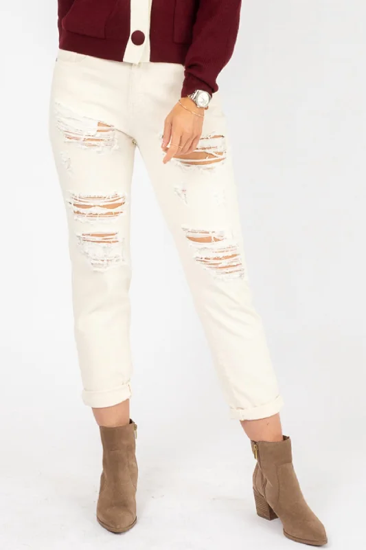 Ripped Boyfriend Jean In Beige Fashionable Raw Hem Bootcut Jeans