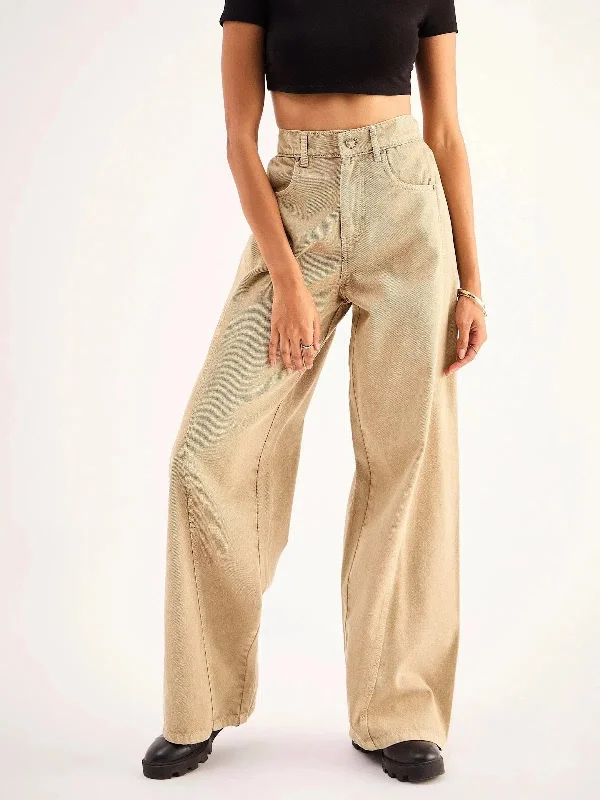 Women Beige Seam Detail Wide Leg Jeans Trendy Skinny High-Waist Jeans