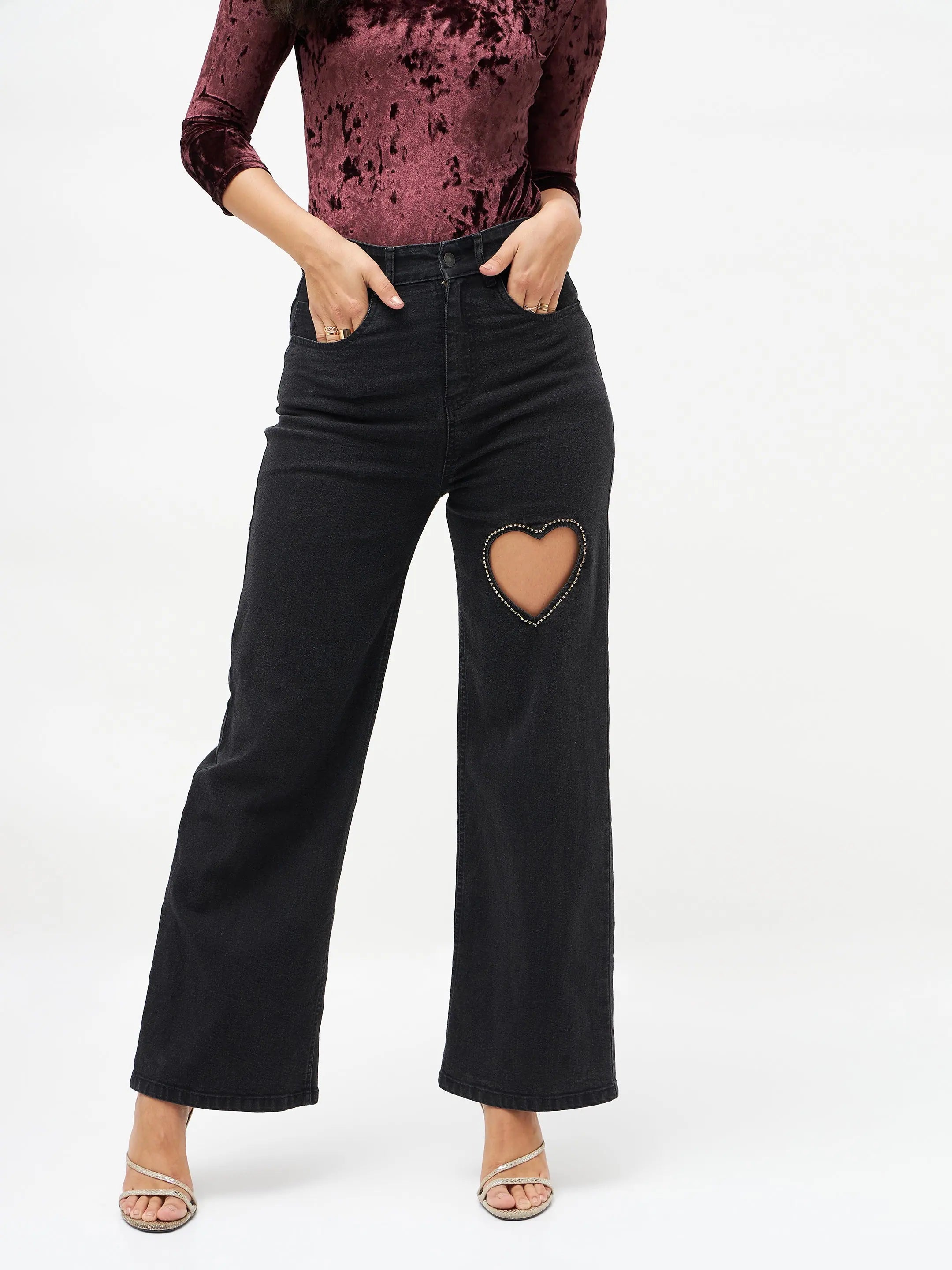 Women Black Crystal Heart Staright Fit Jeans Fashionable Raw Edge Jeans