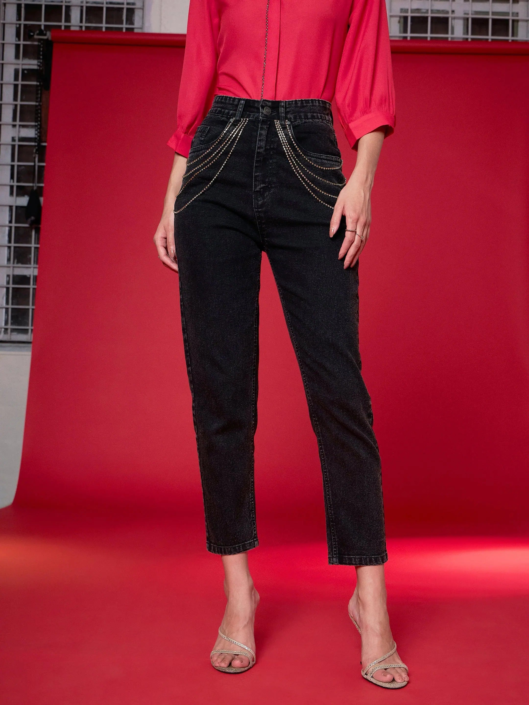 Women Black Denim Diamante Relax Jeans Comfortable Dark Wash Jeans