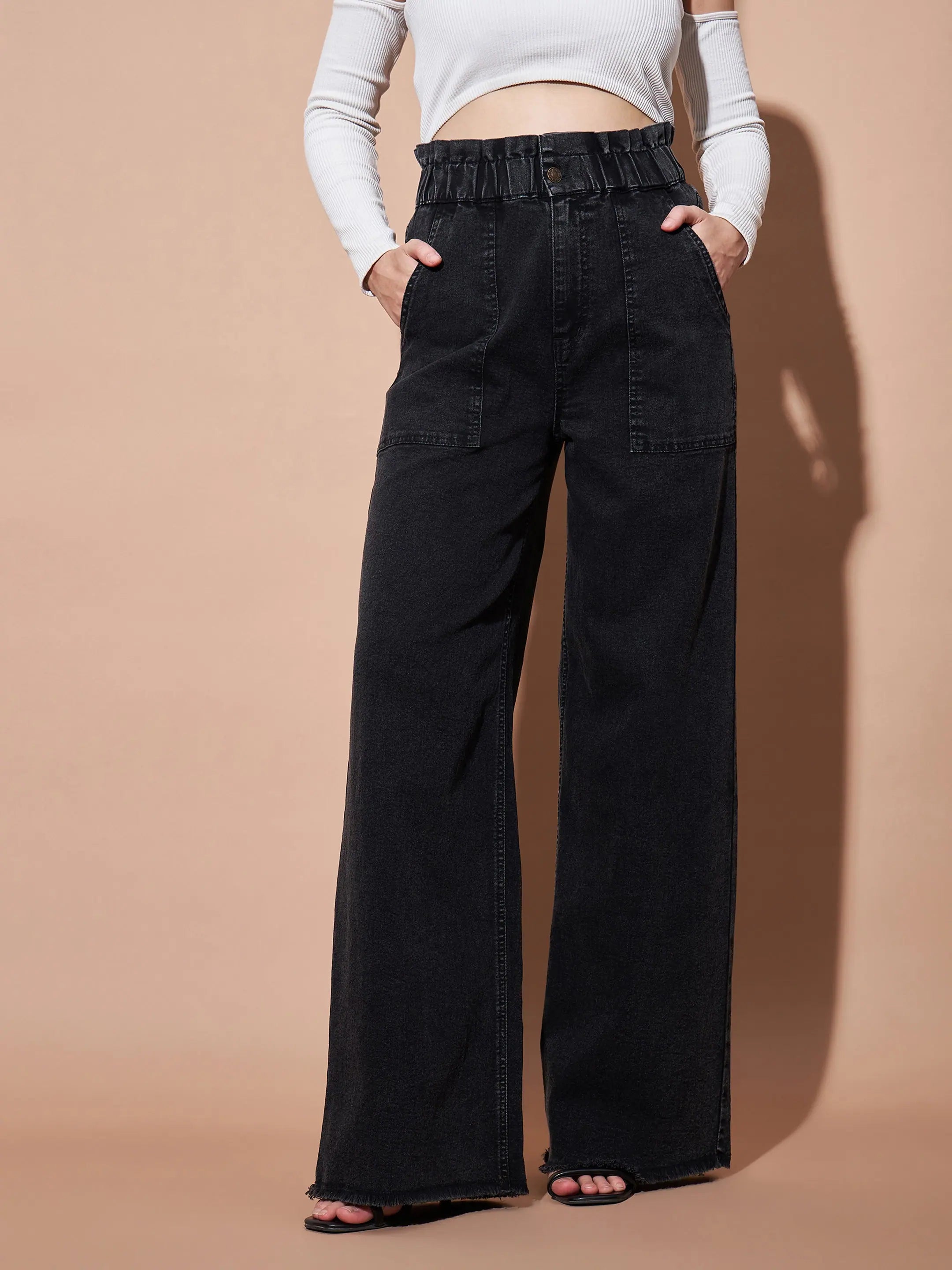 Women Black Paper Bag Waist Straight Jeans Comfortable Ankle Jeans