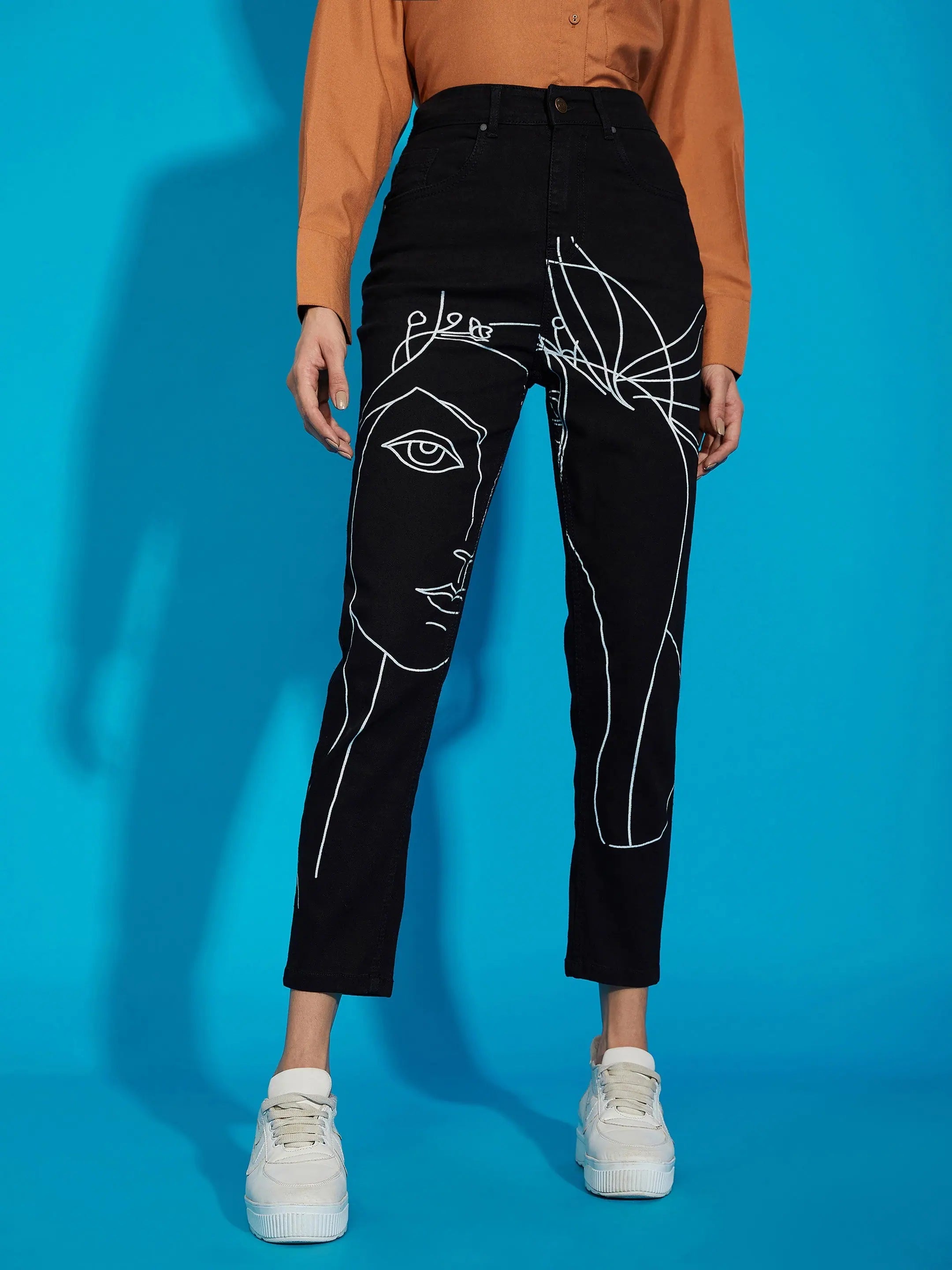 Women Black Premium Line Art Mom Fit Jeans Fashionable Straight Fit Denim