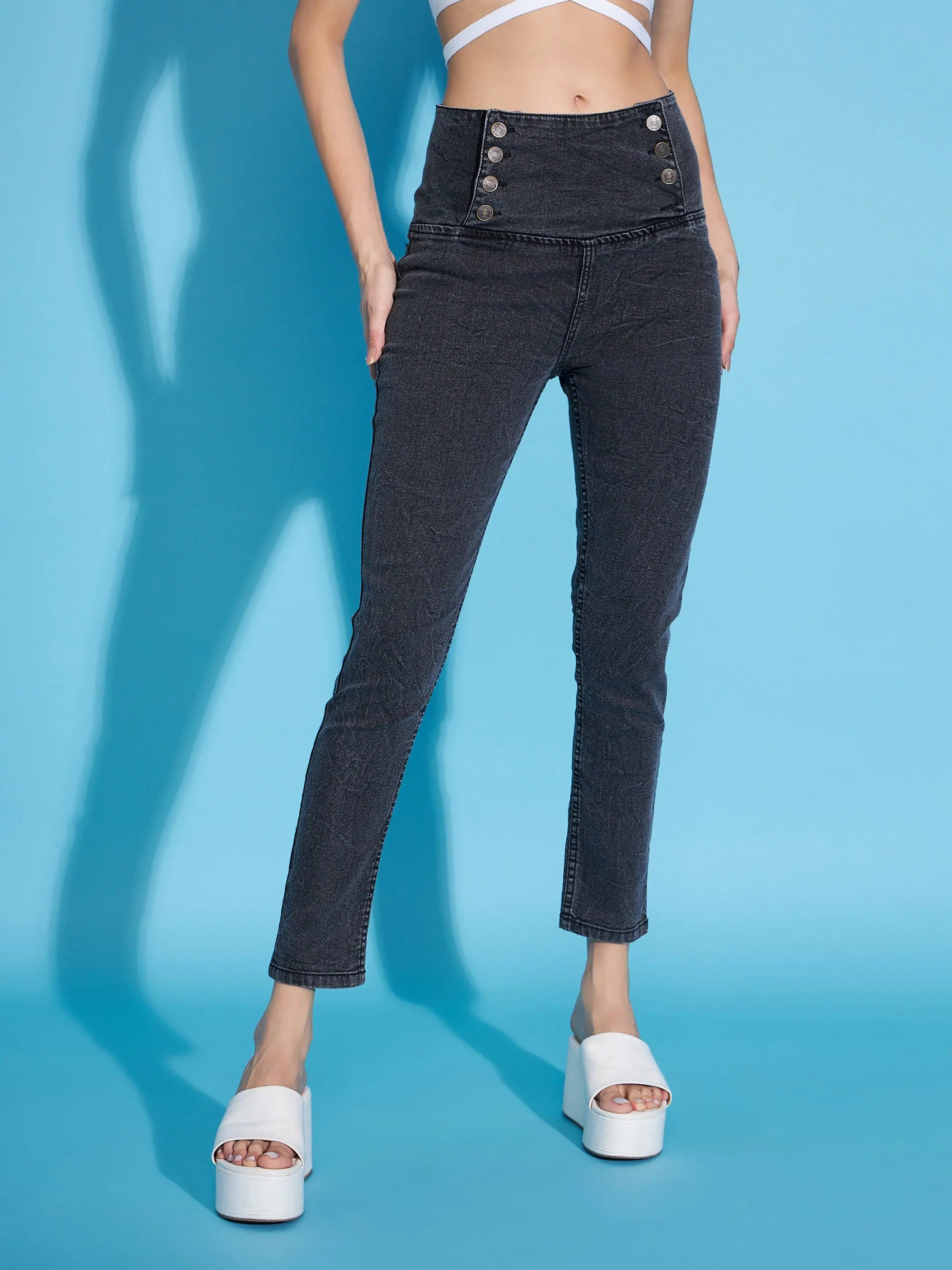 Women Black Washed Side Button High Waist Jeans Casual Skinny Fit Jeans