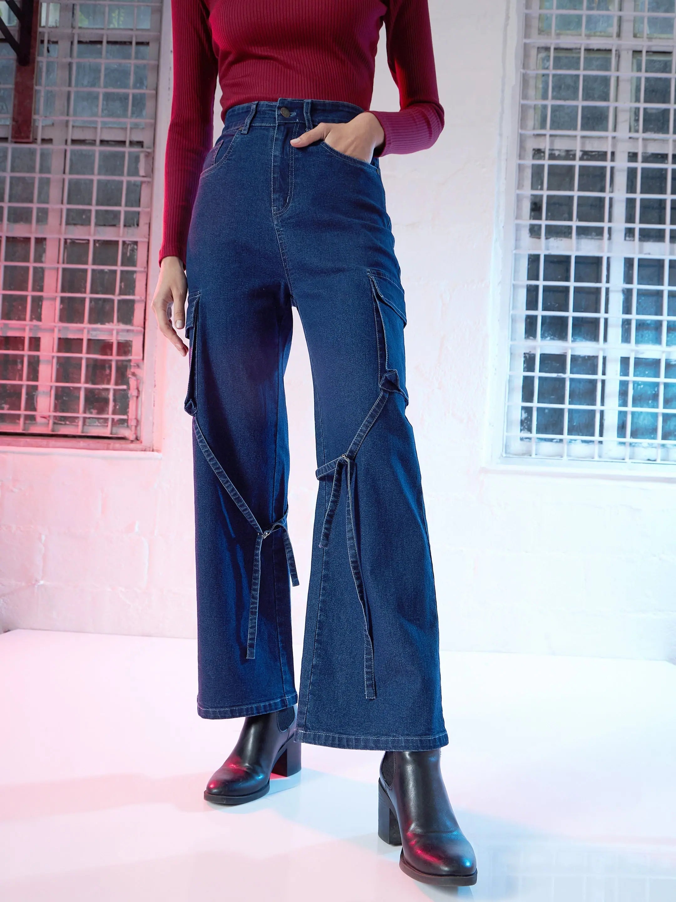 Women Blue Staright Fit Cargo Jeans Trendy Flared Leg Jeans