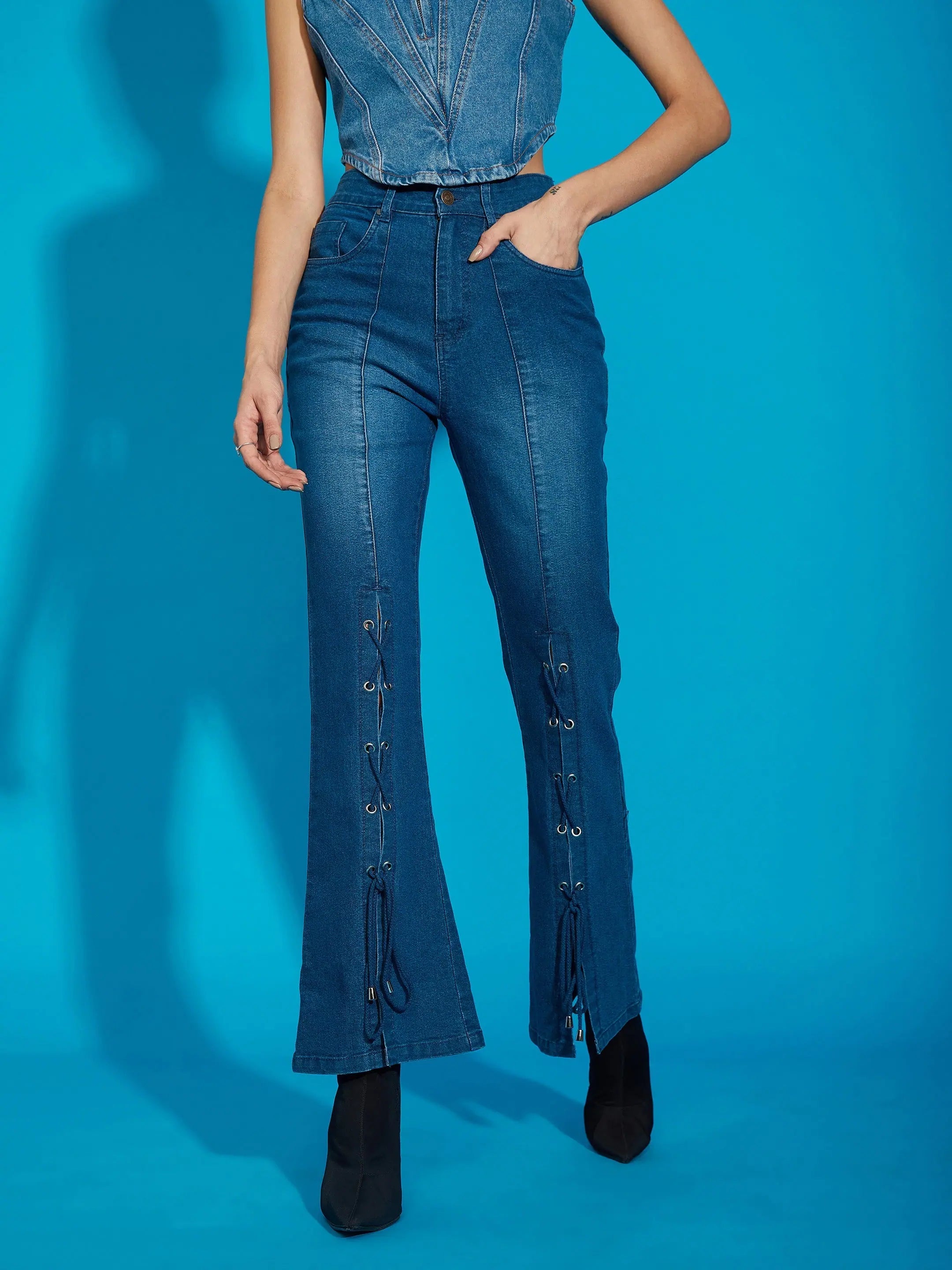 Women Blue Wash Eyelet Detail Bell Bottom Jeans Stylish Stone-Wash Denim Jeans