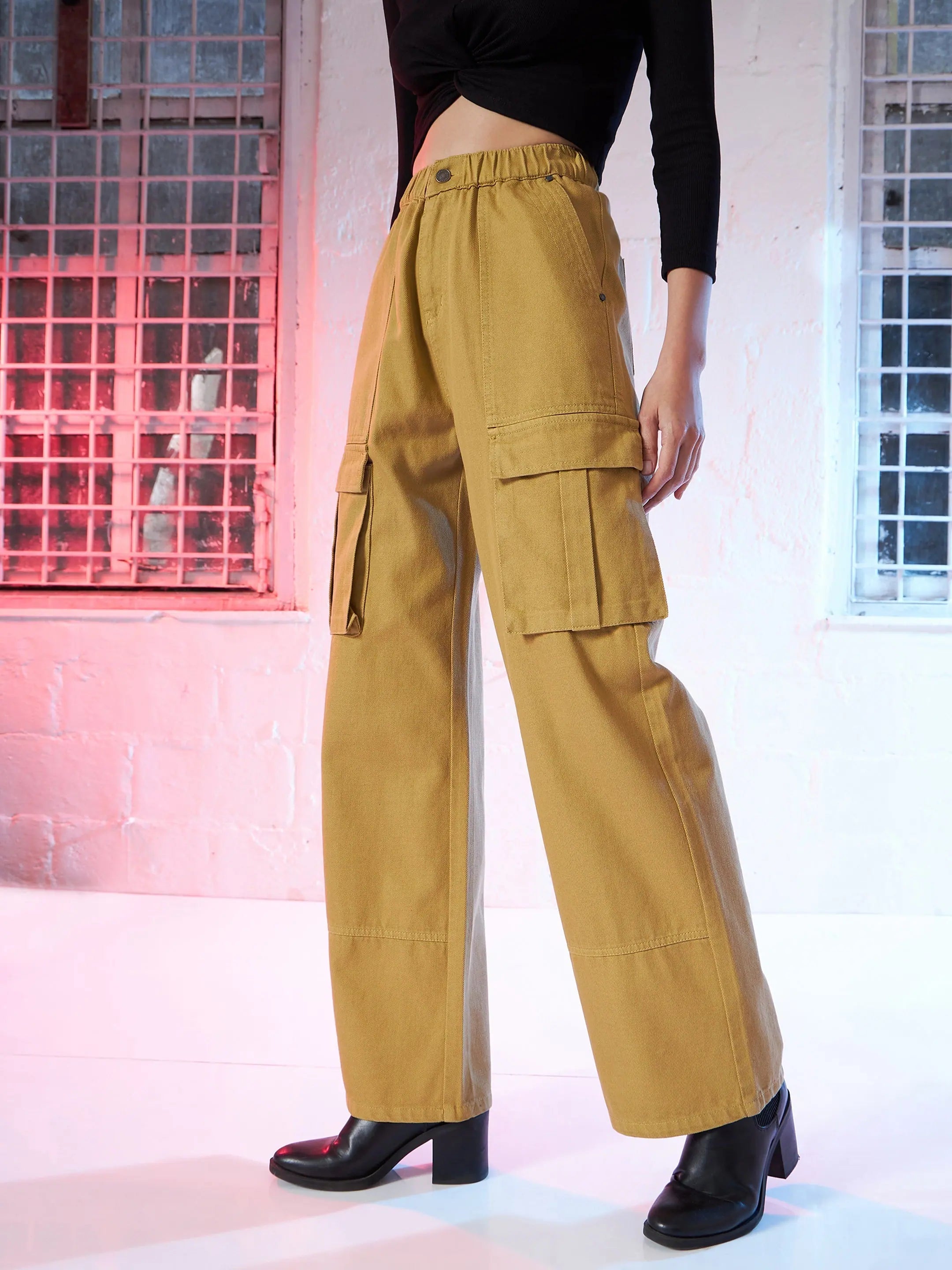 Women Brown Box Pocket Cargo Jeans Comfortable Drawstring Waist Jeans