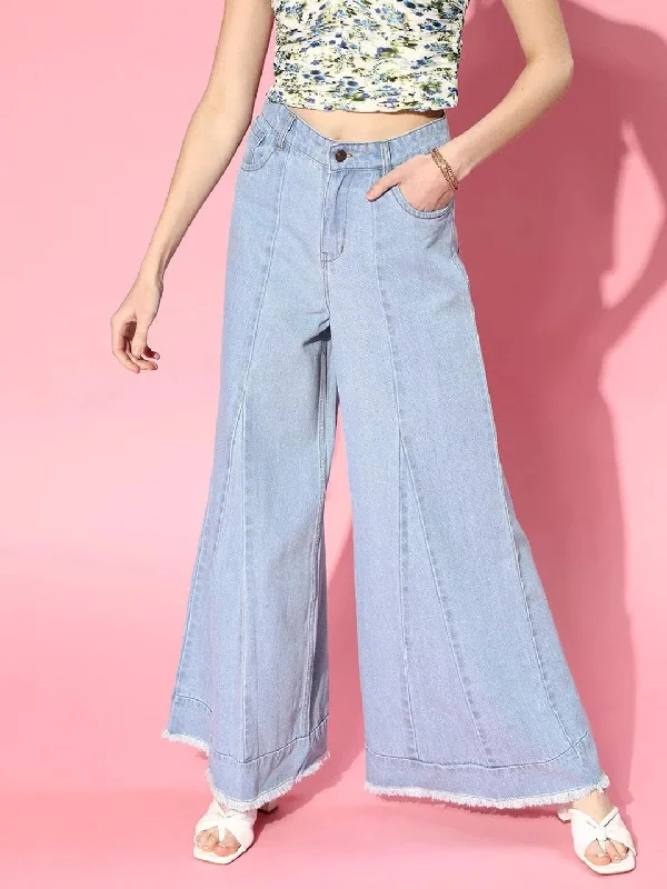 Women Ice Blue Front Pleat Flared Leg Jeans Casual Light Wash Jeans