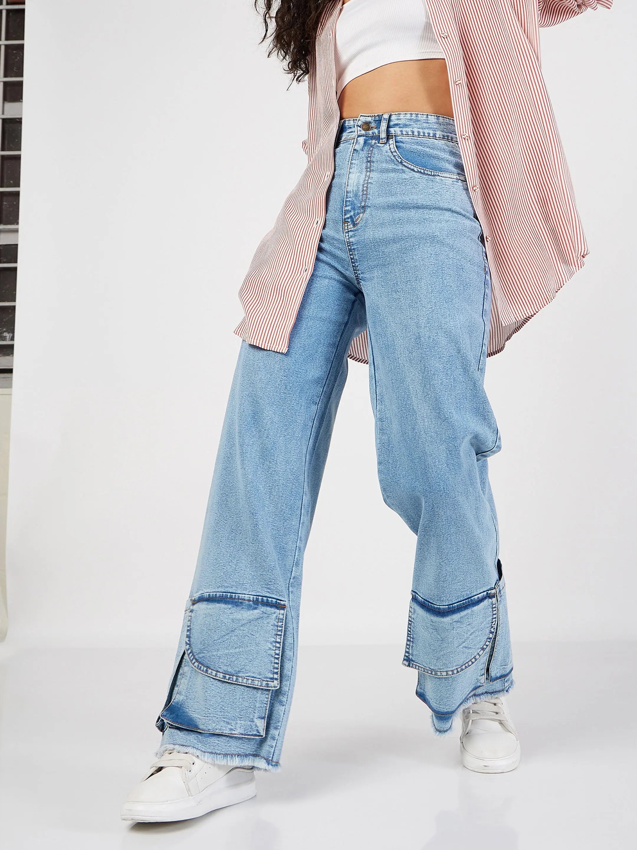 Women Ice Bue Hem Pockets Straight Jeans Chic Double Waistband Jeans