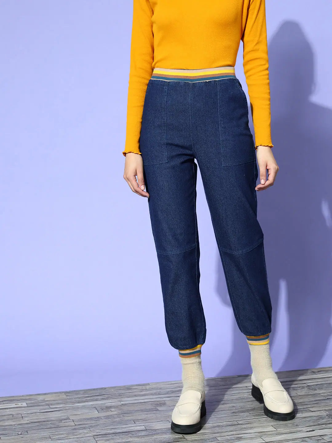Women Navy Denim Striped Rib Jogger Jeans Stylish Acid-Wash Jeans