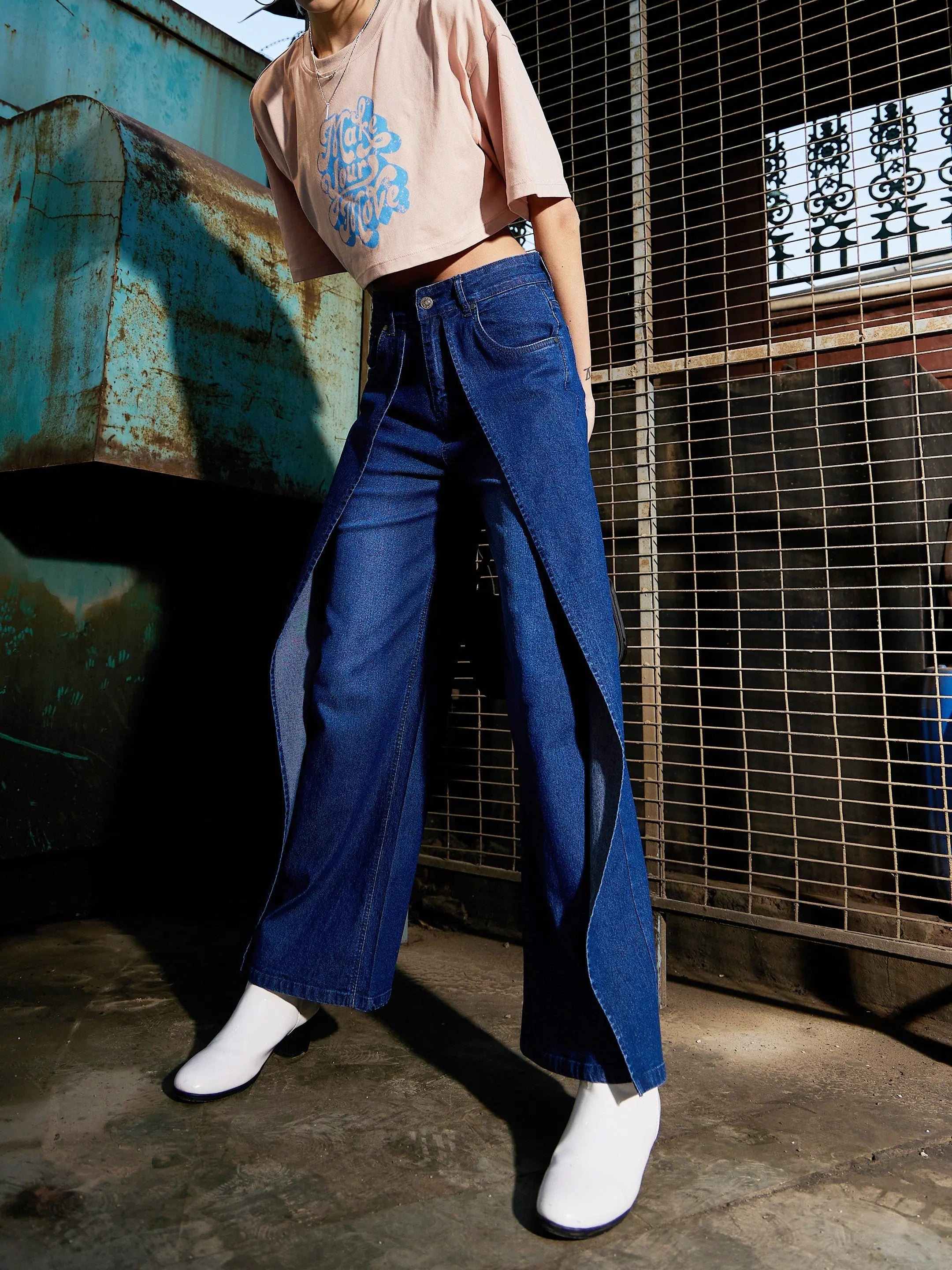 Women Navy Denim Washed Wrap Straight Jeans Classic Blue Denim Jeans