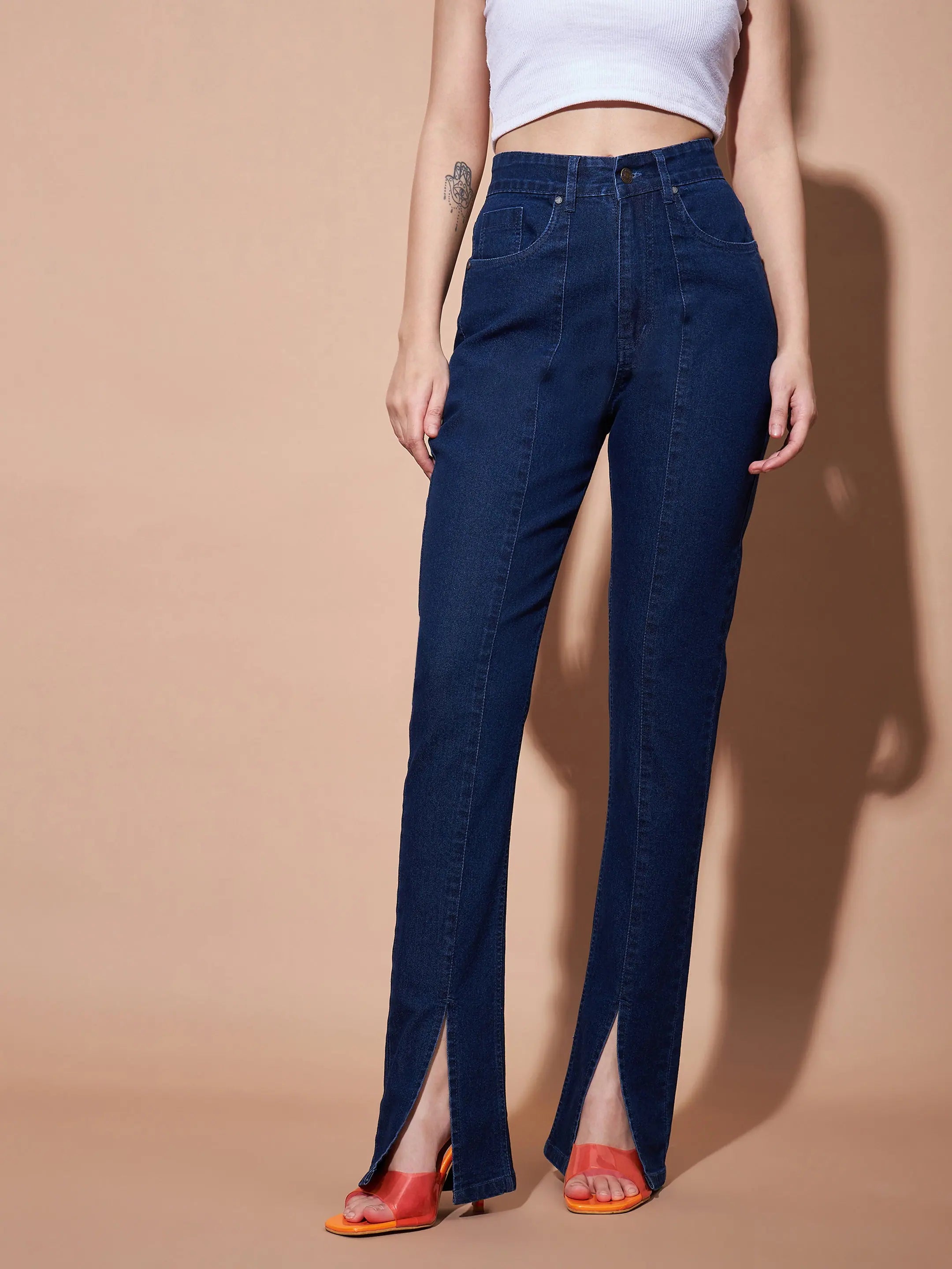 Women Navy Mid Rise Skinny Fit Slit Jeans Trendy Wide-Legged High-Waist Jeans