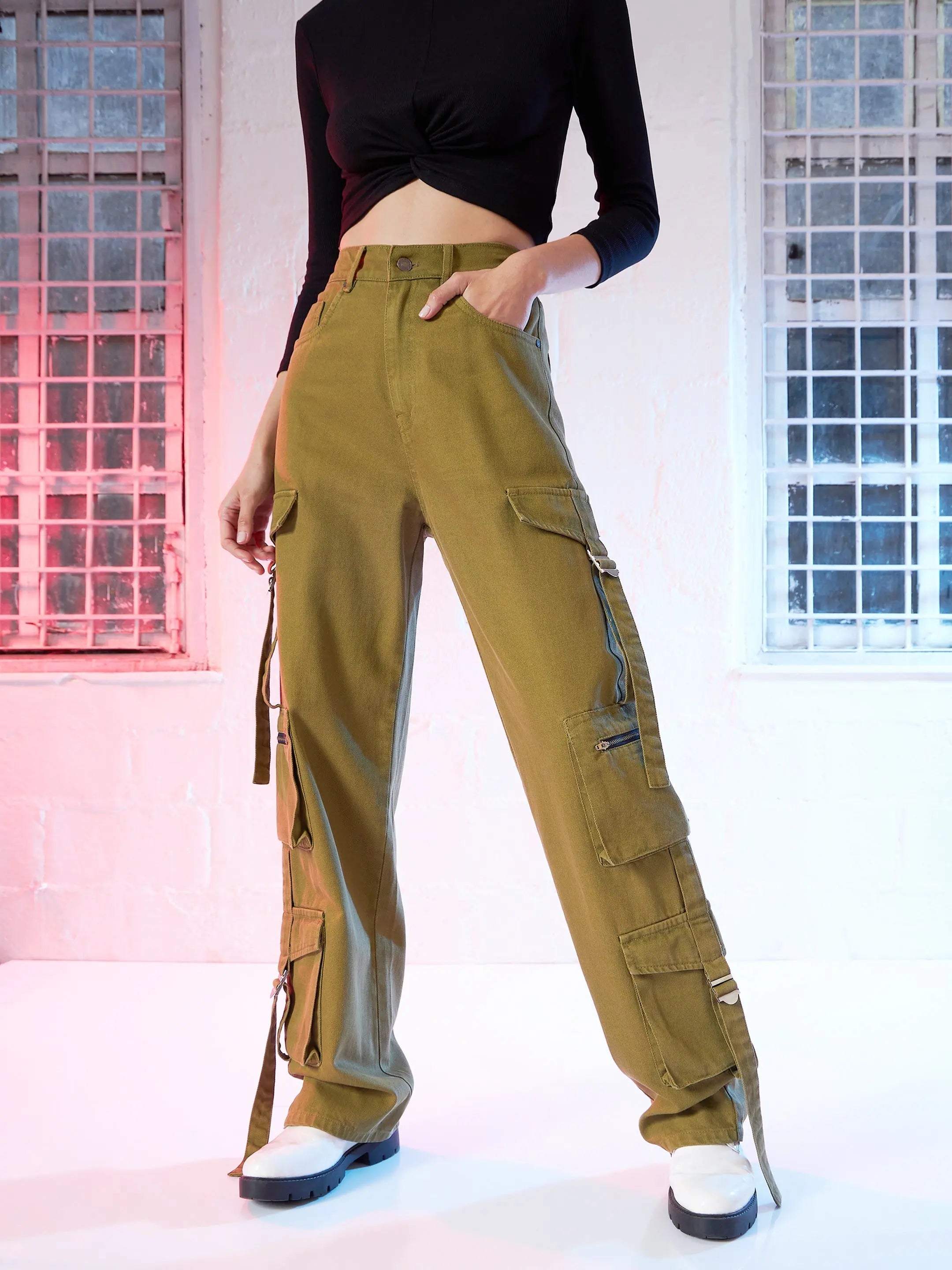 Women Olive Cargo Straight Jeans Elegant Tapered Leg Denim