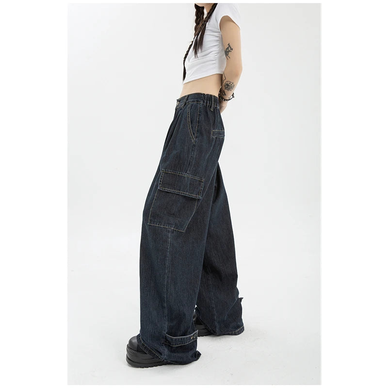 Women's Blue Vintage Wide Leg Jeans Fashion Baggy High Waist Straight Pants Classic Slim Fit Jeans Women's Blue Vintage Wide Leg Jeans Fashion Baggy High Waist Straight Pants Classic Slim Fit Jeans