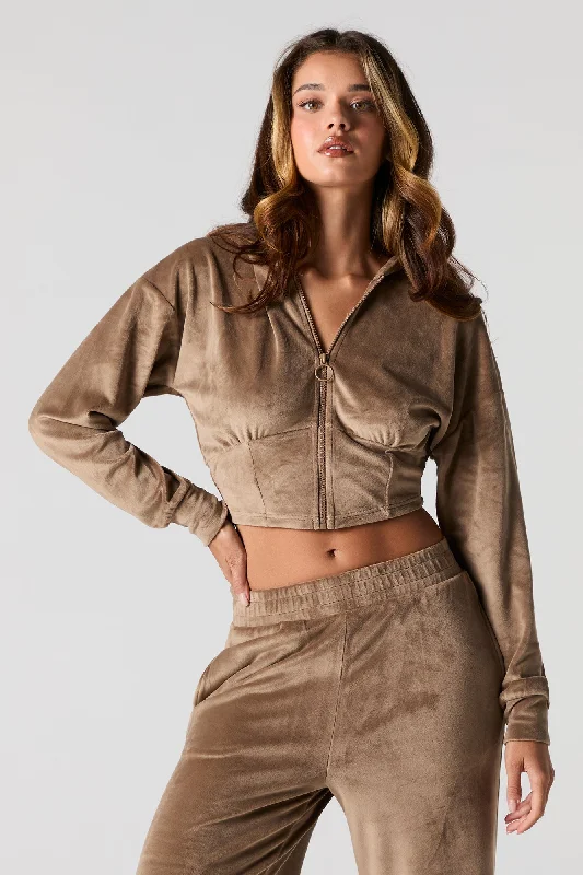 Velour Corset Style Zip-Up Hoodie Hoodie with Metallic Shiny Futuristic