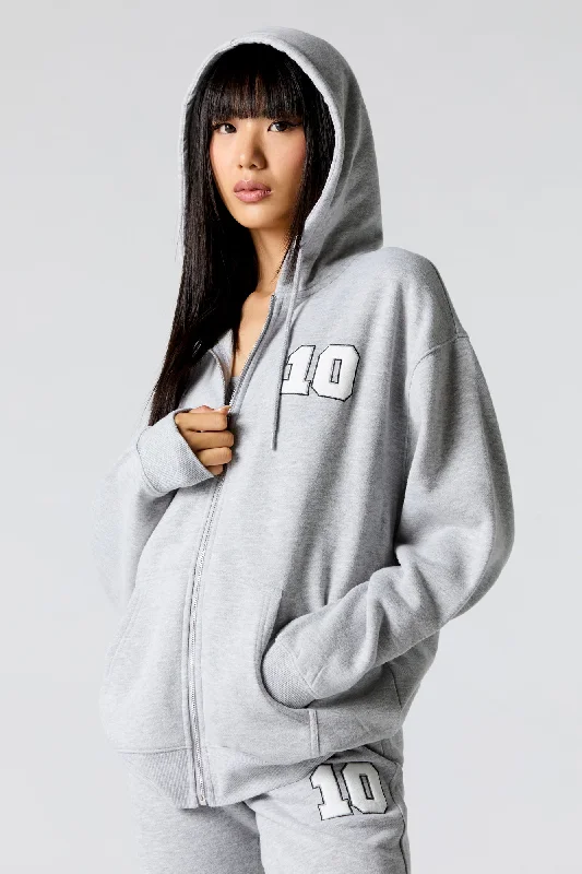 City Embroidered Zip-Up Fleece Hoodie Hoodie with Hem Detail Decorative Unique