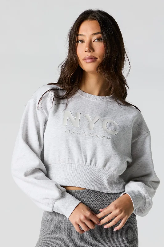 City Embossed Cropped Fleece Sweatshirt Hoodie with Hem Lace Feminine Delicate