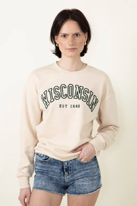 1897 Active Wisconsin Embroidered Sweatshirt for Women in Cream | GT080-WI-CREAMGREEN Hoodie with Half-Zip Sporty Casual 1897 Active Wisconsin Embroidered Sweatshirt for Women in Cream | GT080-WI-CREAMGREEN Hoodie with Half-Zip Sporty Casual