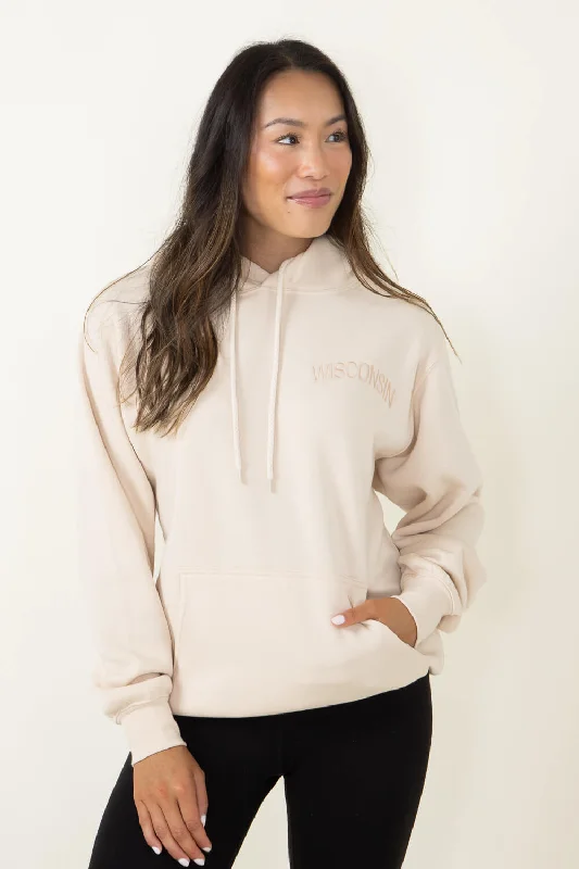 1897 Active Wisconsin Embroidered Hoodie for Women in Cream | JT082-WI-CREAM Hoodie with Slit Hem Functional Movement 1897 Active Wisconsin Embroidered Hoodie for Women in Cream | JT082-WI-CREAM Hoodie with Slit Hem Functional Movement