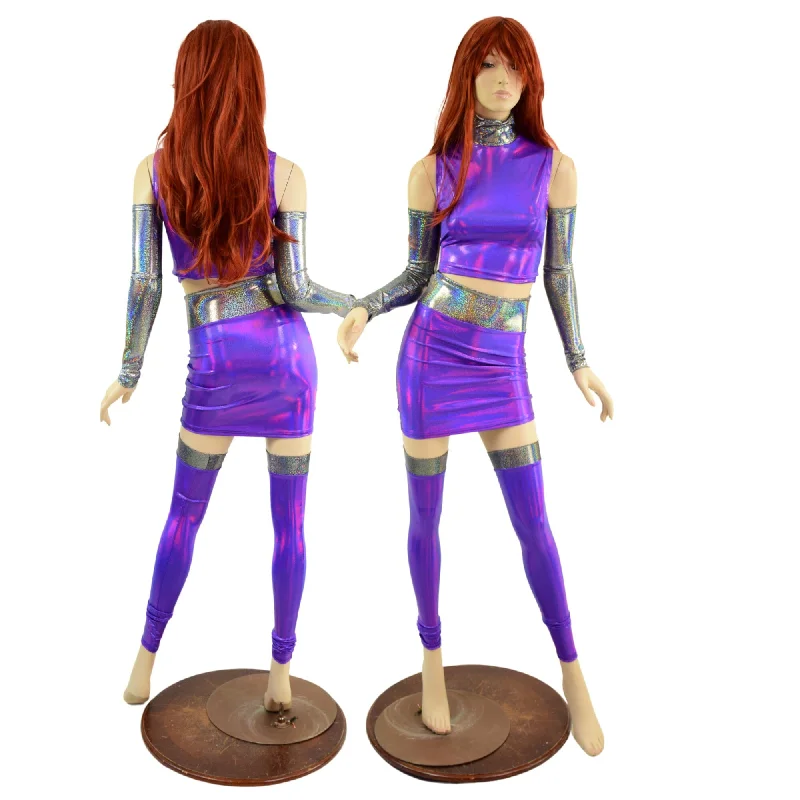 6PC Purple Crop Top & Skirt Set with Silver Holo Trim and Arm & Leg Warmers flowy skirt hem