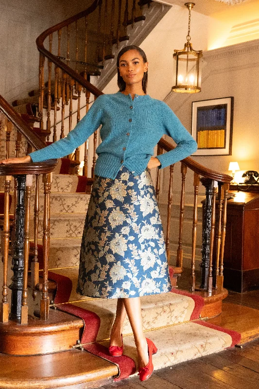 Neesa Skirt in Blue Floral Brocade cashmere skirt rich
