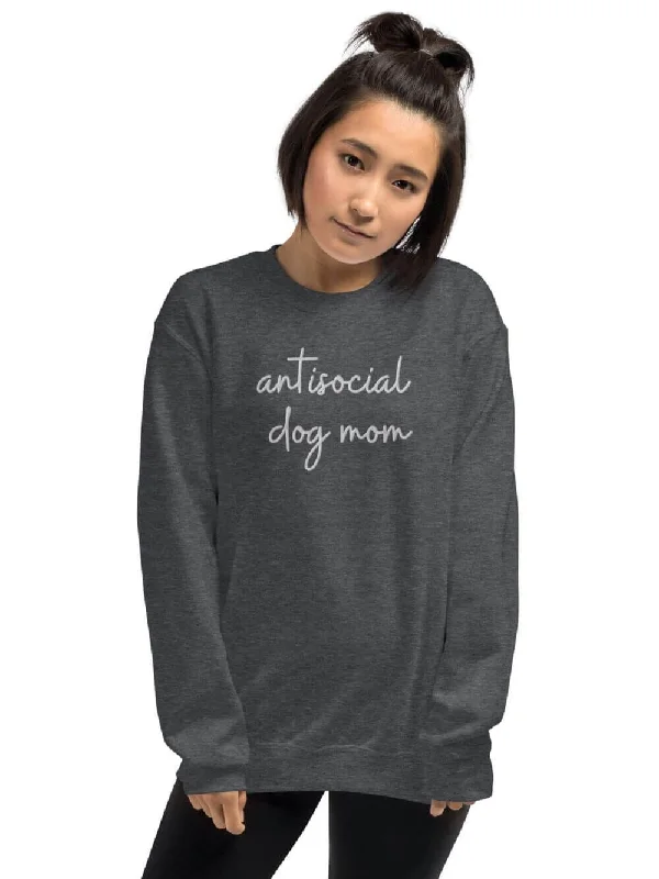 Antisocial Dog Mom Embroidered Crewneck Sweatshirt Hoodie with Hem Contrast Bold Stylish Antisocial Dog Mom Embroidered Crewneck Sweatshirt Hoodie with Hem Contrast Bold Stylish