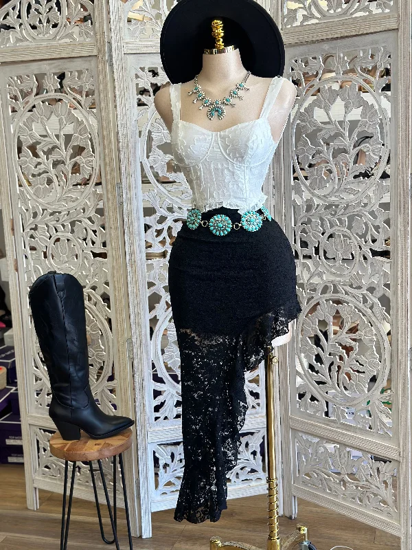 Asymmetrical Black Lace Skirt- Estira, Stretchy wool skirt sturdy