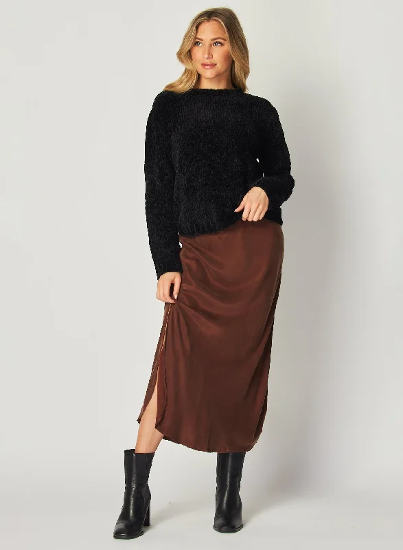 Asymmetric Side Slit Bias Skirt - Mahogany Brown silk skirt smooth