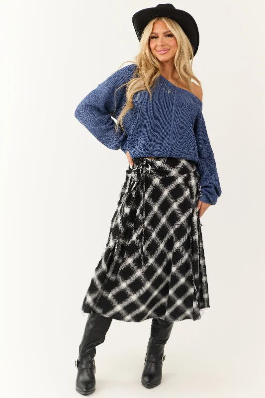 Black and Ivory Plaid Raw Hem Midi Skirt relaxed fit skirt
