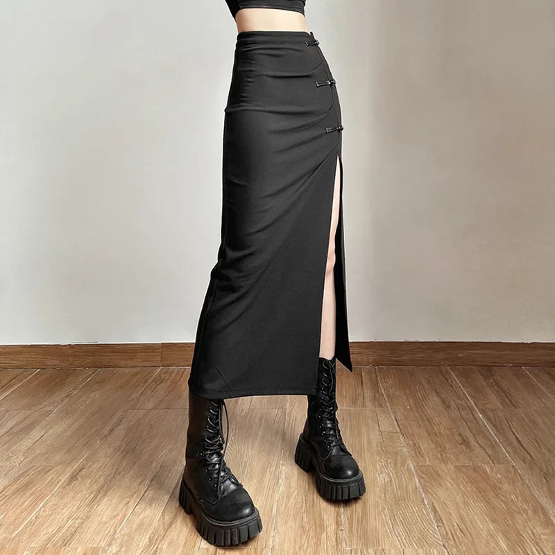 Black Sexy Women A-line Slits High Waist Slim Hip-covering Solid Mid-length Long Streetwear Skirt ribbed skirt waist