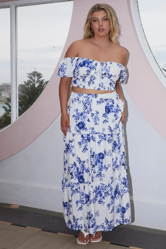 Blue Floral Tiered Elastic Waist Maxi Skirt denim skirt casual