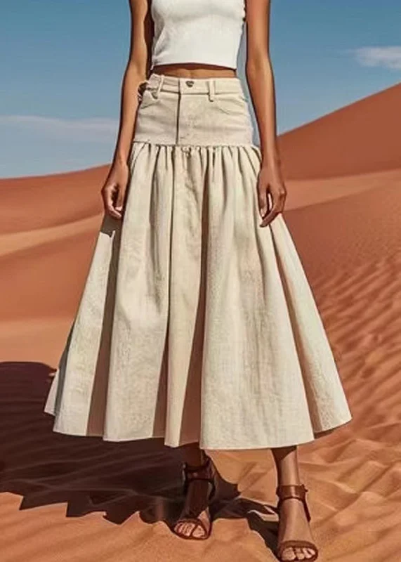 Bohemian Khaki High Waist Patchwork Linen Skirts Summer satin skirt smooth