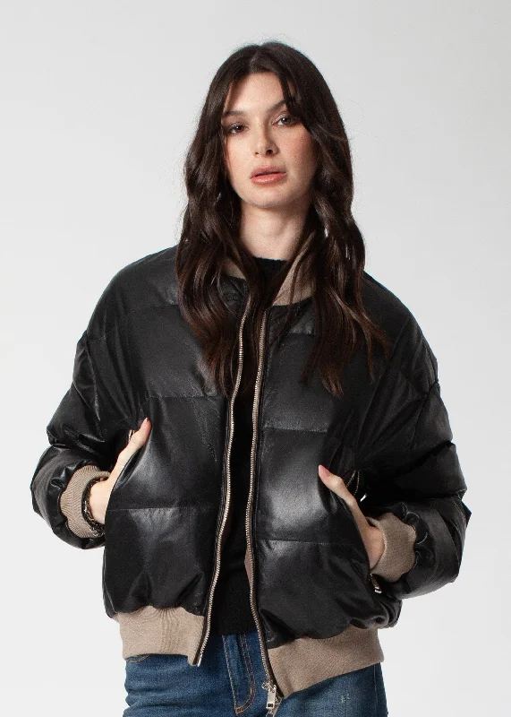 EVELYN LEATHER DOWN BOMBER JACKET Welt Pockets Slit Pockets Flap Pockets