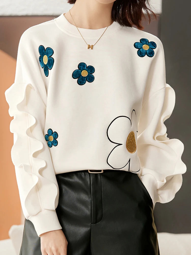 Chic Beige Floral Long Sleeve Ruffles Sweatshirt Hoodie with Magnetic Closure Innovative Modern Chic Beige Floral Long Sleeve Ruffles Sweatshirt Hoodie with Magnetic Closure Innovative Modern