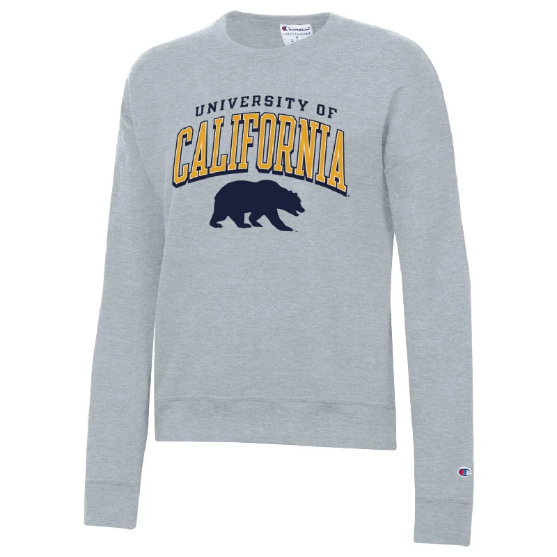 U.C. Berkeley California arch and bear Triumph Champion crew-neck sweatshirt-Grey Hoodie with Longline Fit Extended Stylish U.C. Berkeley California arch and bear Triumph Champion crew-neck sweatshirt-Grey Hoodie with Longline Fit Extended Stylish