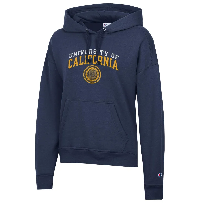 U.C. Berkeley double arch & seal women's Champion fleece hoodie-Navy Hoodie with Oversized Fit Loose Comfortable U.C. Berkeley double arch & seal women's Champion fleece hoodie-Navy Hoodie with Oversized Fit Loose Comfortable