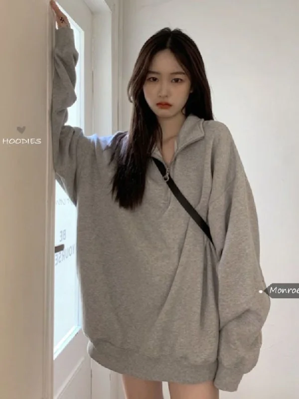 Korean Gray Oversized Sweatshirts Women Harajuku Zip Up Hoodie Vintage Loose Casual Polo Collar Pullover Tops Hoodie with Lining Warm Insulated