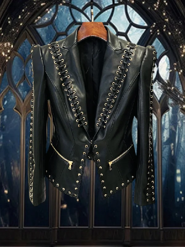 Edgy Black Corset Laced Rocker Biker Jacket Knit Jacket Woven Jacket Fleece Jacket