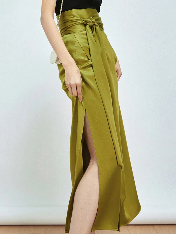 BerryBetty - Effortless Tie Front Satin Flowy Slit Midi Skirt flowy skirt hem