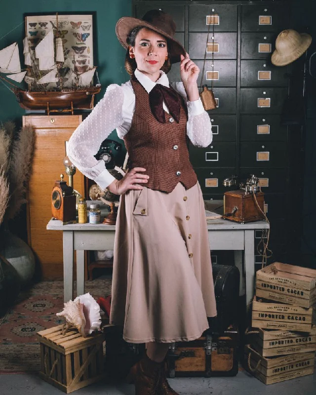 Fans Look of Vintage Front Slit Swing Skirt High Waist Buttons Decorated Skirt linen skirt natural