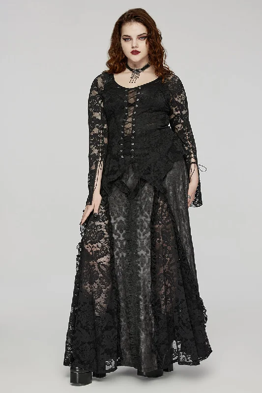 Women's Gothic Charm Dark Pattern Inverted Triangle Lace Splicing Design Mysterious Party Long Skirt flowy skirt hem