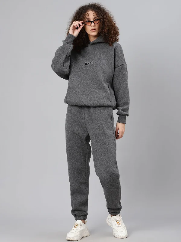 Women's Charcoal Grey Solid Fleece Hooded Pullover Sweatshirt Hoodie with Hem Lace Feminine Delicate