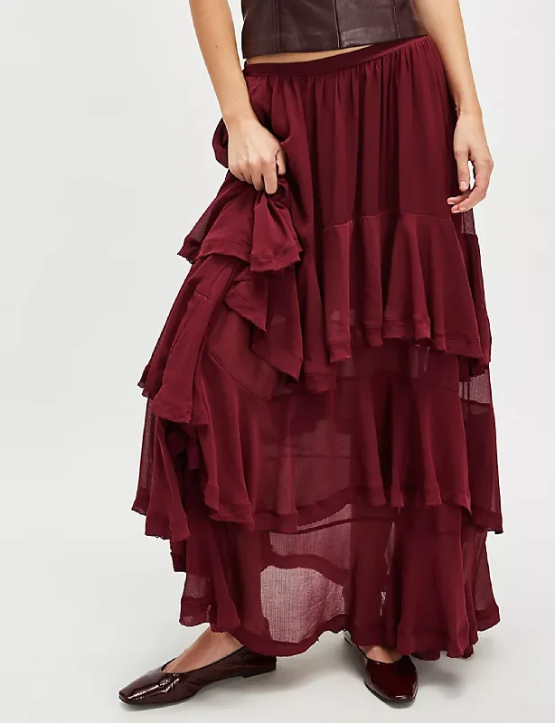 Clementine Maxi Skirt, Aged Red velvet skirt glossy