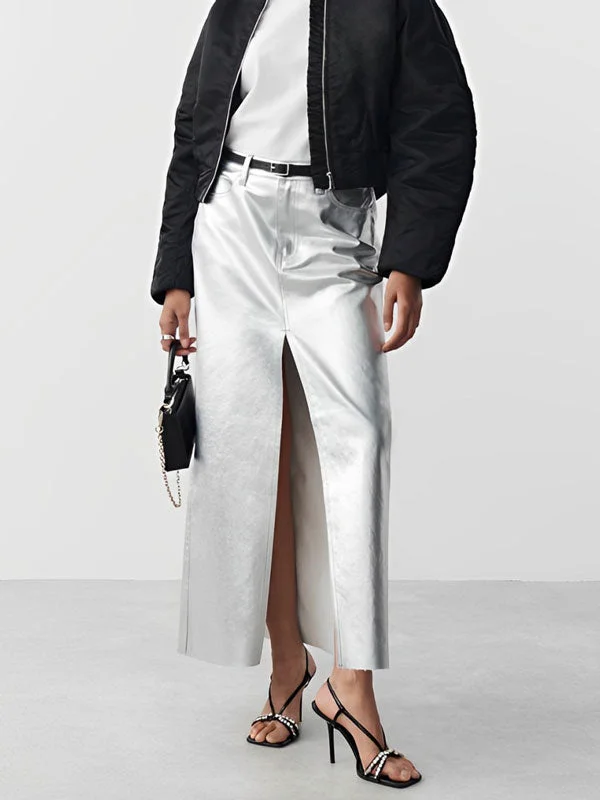 Front Split Silver Color Leather Midi Skirt denim skirt durable