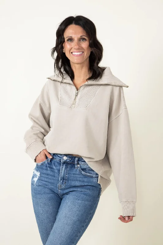 C&C California Hailey Sunwashed Fleece Quarter Zip Sweatshirt for Women in Beige | 89B02742A-J071-GRY Hoodie with Hem Contrast Bold Stylish C&C California Hailey Sunwashed Fleece Quarter Zip Sweatshirt for Women in Beige | 89B02742A-J071-GRY Hoodie with Hem Contrast Bold Stylish