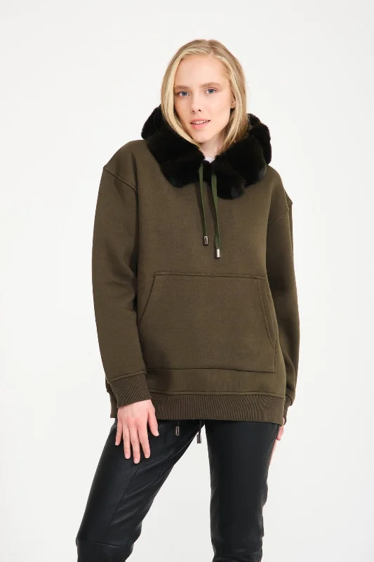 Khaki Chinchilla Fur Lined Hoodie Hoodie with Slit Hem Functional Movement