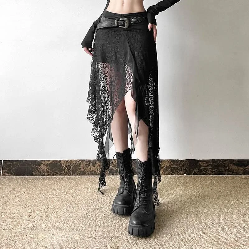 Lace mesh patchwork ruched ruffle midi skirt leather skirt modern