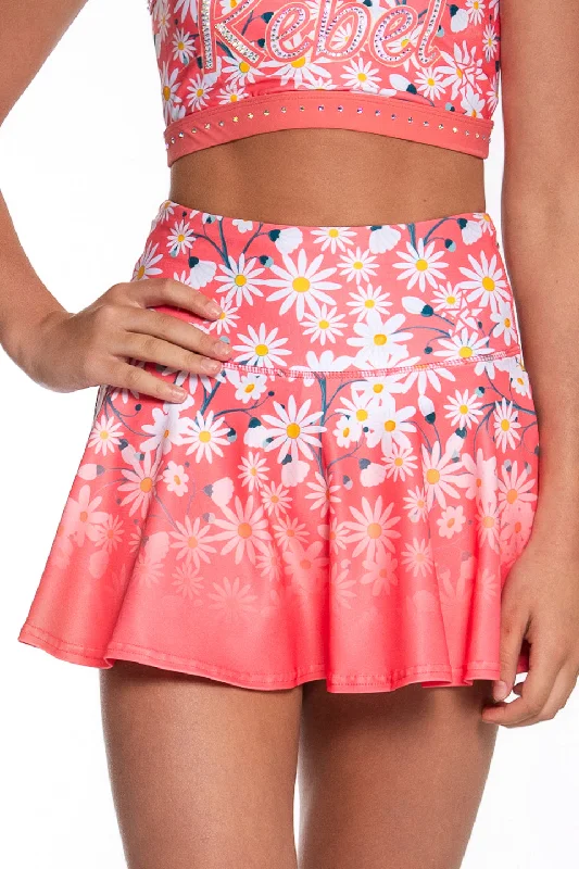 Legendary Flouncy Skirt in Sweet Coral Daisy velvet skirt glossy