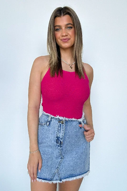 Leonorah Raw Hem Denim Skirt midi skirt versatile