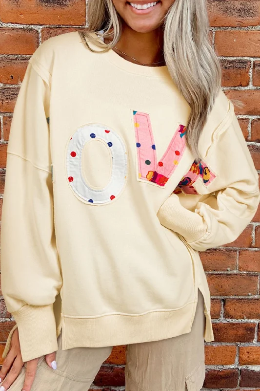 LOVE Patch Round Neck Sweatshirt Hoodie with Cropped Fit Short Trendy